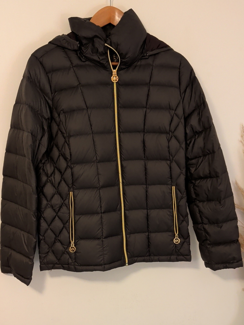 Michael Kors Black Quilted Puffer Jacket with Gold Accents
